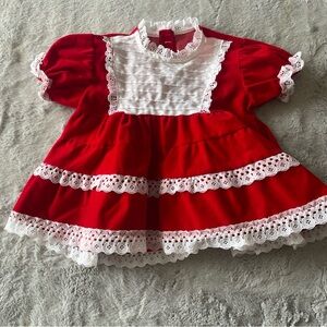 Handmade Red and White Lace Trim Baby Dress 18 months